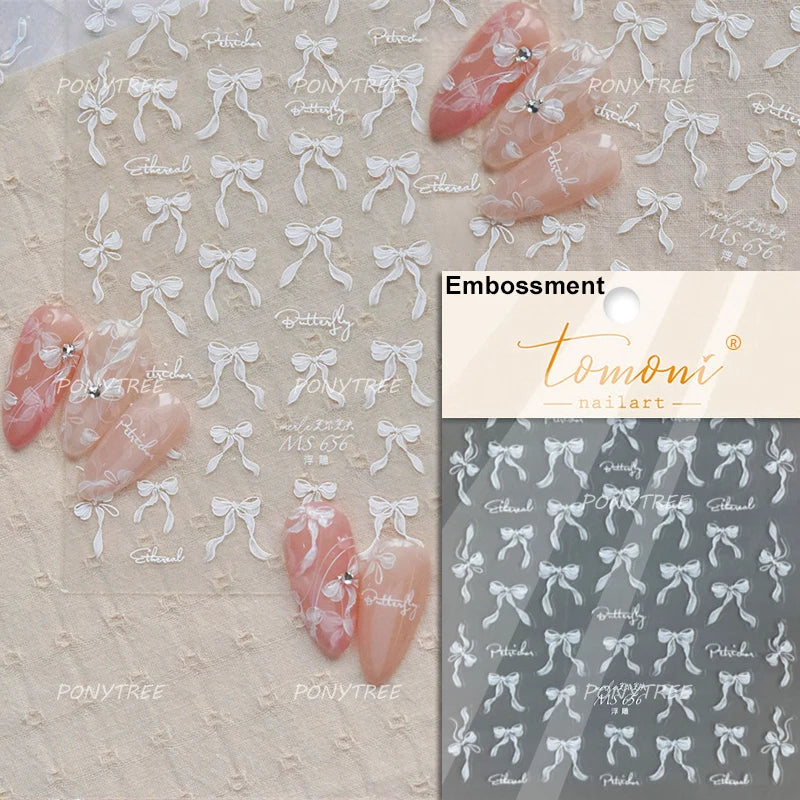 Simple Line Bowknot Red Gold Silver Laser Pink Hot Stamping 3D Self Adhesive Nail Art Stickers Pearl Rhinestone Manicure Decals (ONLINE ORDER ONLY)