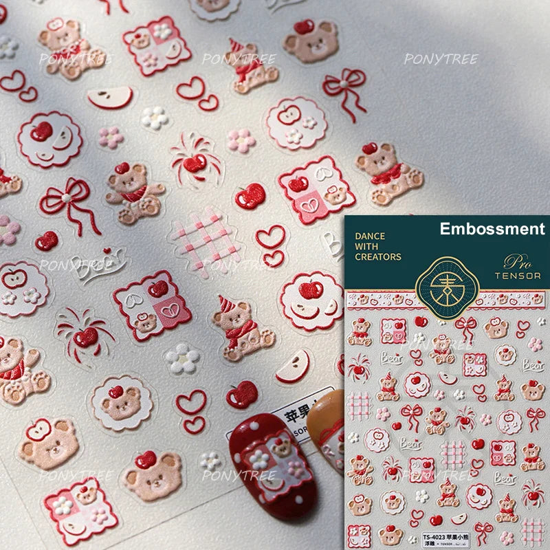 Sweet Dessert Cute Bear Cake Apple Flower Strawberry Jam Lace Line Bear Footprints Adhesive Nail Art Stickers Manicure Decals (ONLINE ORDER ONLY)