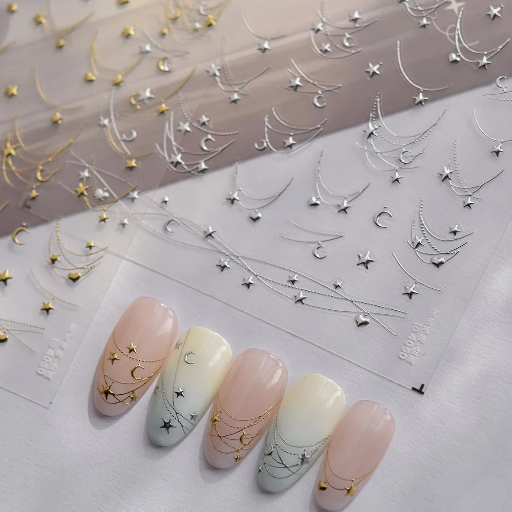 Star Moon Love Heart Curved Line Arc Dreamy Necklace Hanging in The Air Starry Night Adhesive Nail Art Stickers Manicure Decals (ONLINE ORDER ONLY)