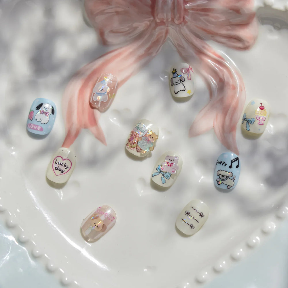 Graffiti Bear Cat Kitten Dog Puppy Bowknot Cake Tulip Note Star Cherry Cup Adhesive Nail Art Decoration Sticker Manicure Decals (ONLINE ORDER ONLY)