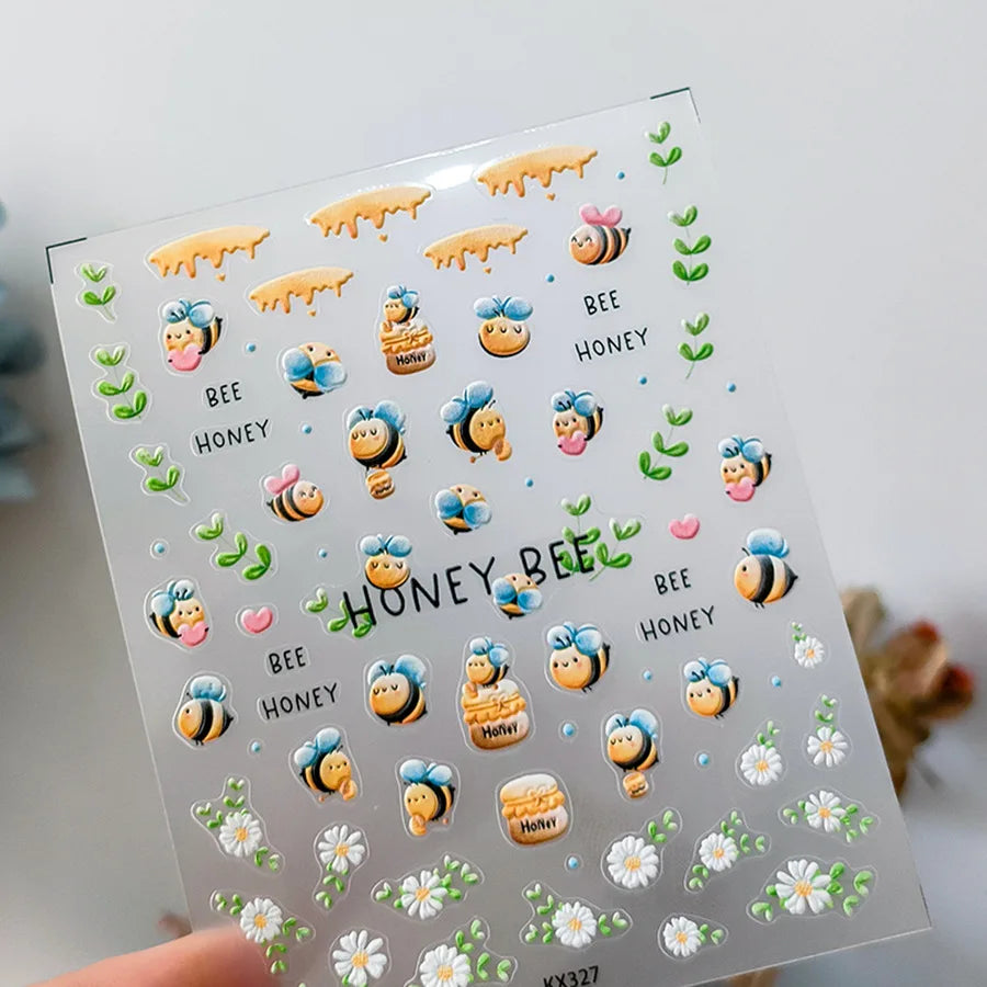 Cute Bee Honey Jar Daisy Flowers Gather Honey Pot Love Heart Green Leaves Reliefs Self Adhesive Nail Art Stickers Manicure Decal (ONLINE ORDER ONLY)