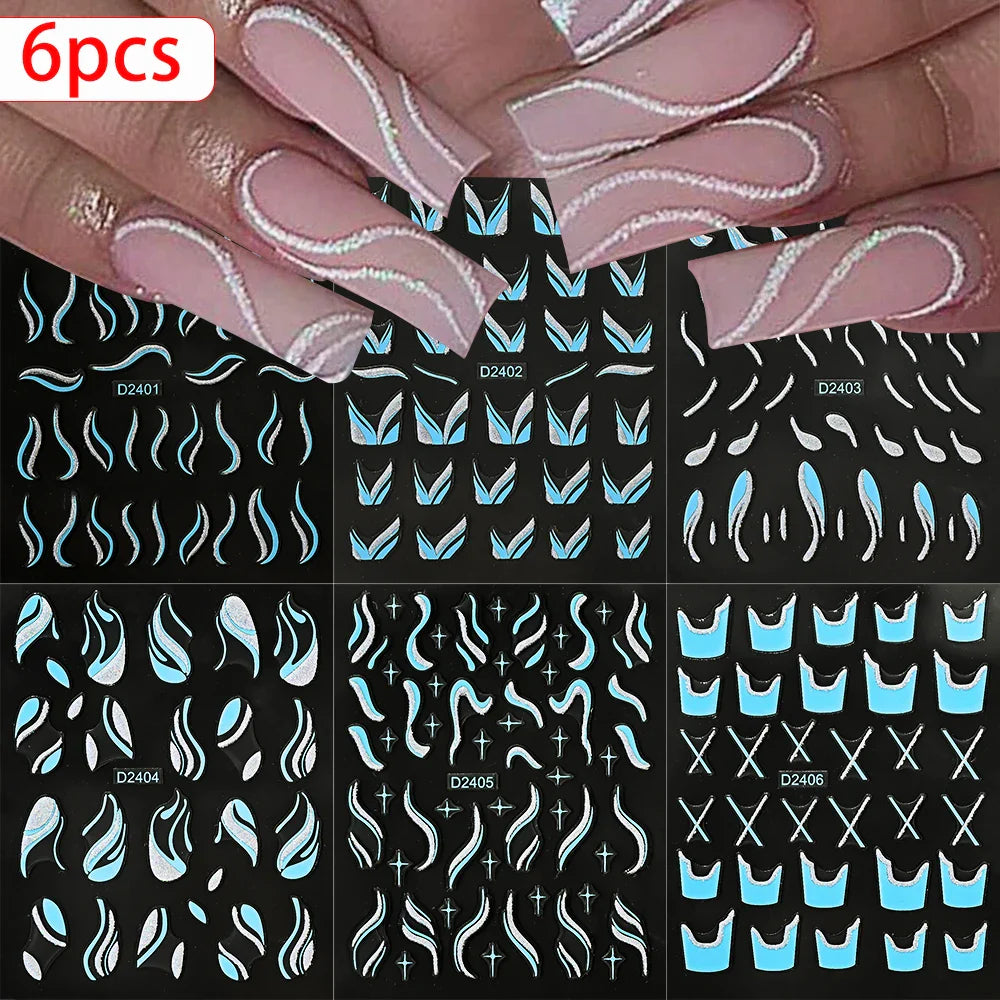 6pcs/Set Blue Gold Glitter French Design 5D Nail Stickers Curve Lines Swirls Wave Nail Sliders Reflective Flakes Decals Manicure (ONLINE ORDER ONLY)