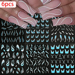 6pcs/Set Blue Gold Glitter French Design 5D Nail Stickers Curve Lines Swirls Wave Nail Sliders Reflective Flakes Decals Manicure (ONLINE ORDER ONLY)
