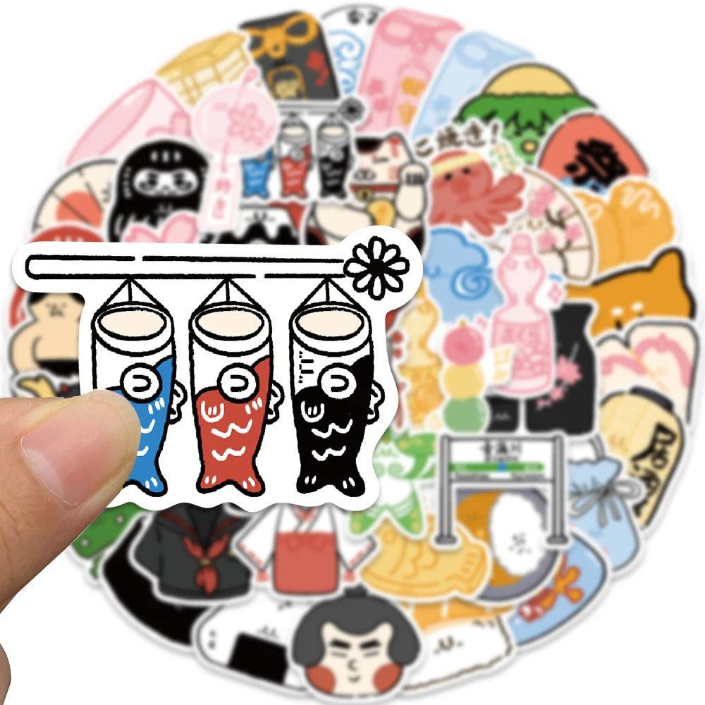 50Pcs Japanese Style Stickers Peace Amulet Carp Streamer Aesthetic Decals Graffiti Stickers Waterproof Skateboard Laptop Kid Toy (ONLINE ORDER ONLY)
