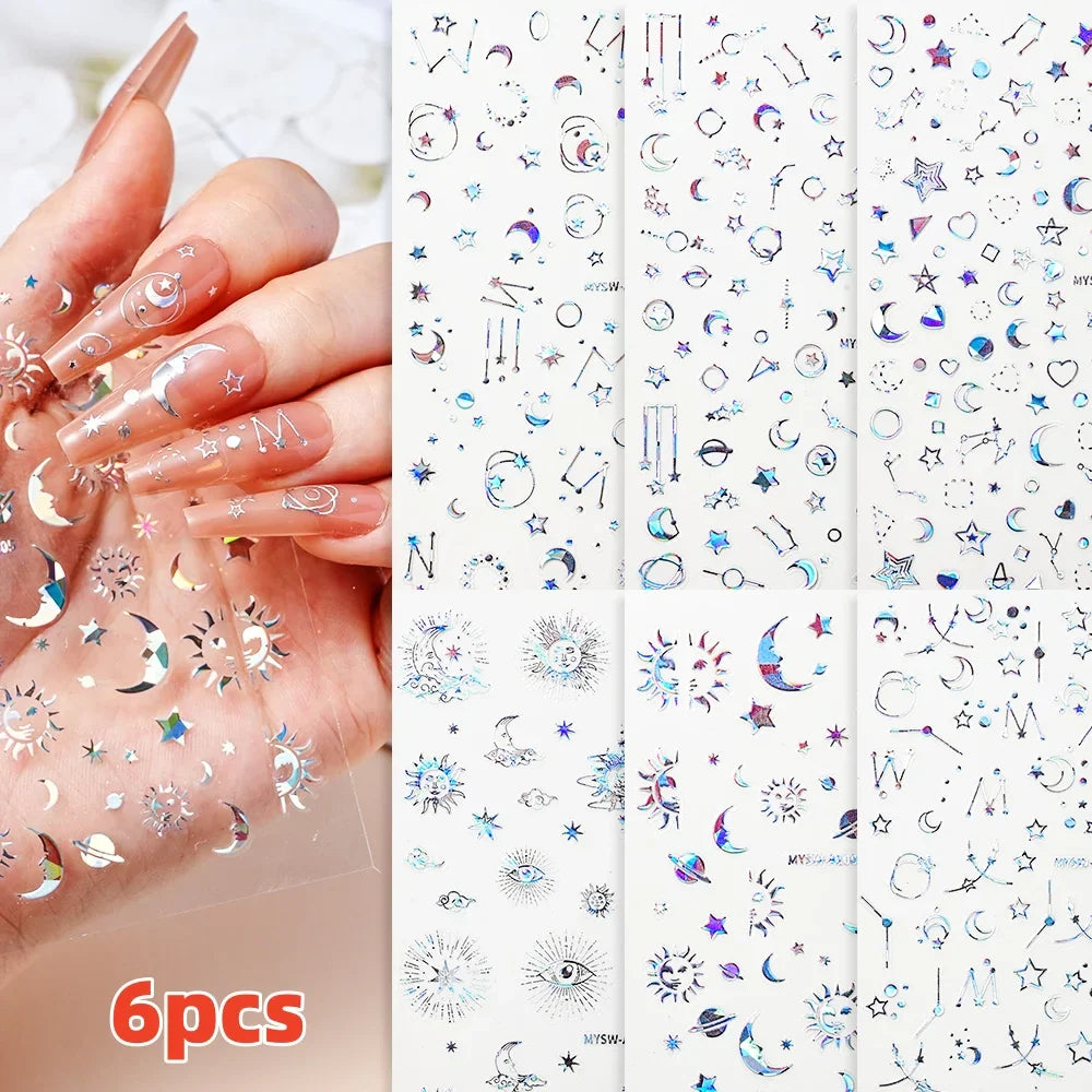 6pcs Mirror Silver Star 3D Nail Sticker Holographic Heart/Moon/Cross Design Self-Adhesive Decal Manicure Art Supplies Decoration (ONLINE ORDER ONLY)