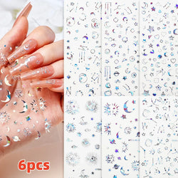 6pcs Mirror Silver Star 3D Nail Sticker Holographic Heart/Moon/Cross Design Self-Adhesive Decal Manicure Art Supplies Decoration (ONLINE ORDER ONLY)