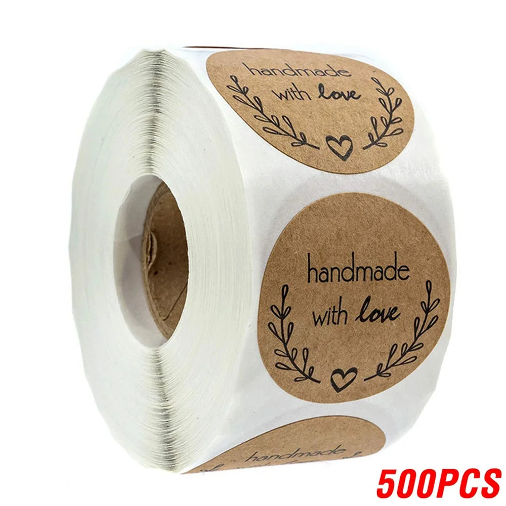 Handmade With Love Kraft Paper Stickers 100-500pcs 1inch Adhesive Labels Baking Wedding Decoration Party Decoration Sticker (Online Order Only)