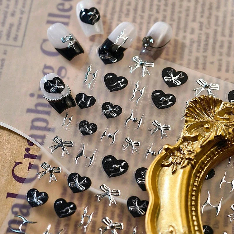 Black Silver Bowknot Love Heart Lace Irregular Line Lava Chic Self Adhesive Nail Art Stickers Embossed Reliefs Manicure Decals (Online Order Only)