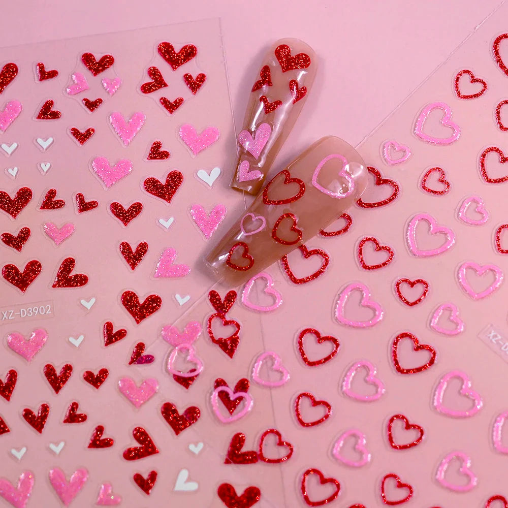 1Pc Red Pink White Heart Bow Nail Art Stickers with Glitter Sequins 5D Self Adhesive Nail Decorations Slider Decals DIY Manicure (ONLINE ORDER ONLY)