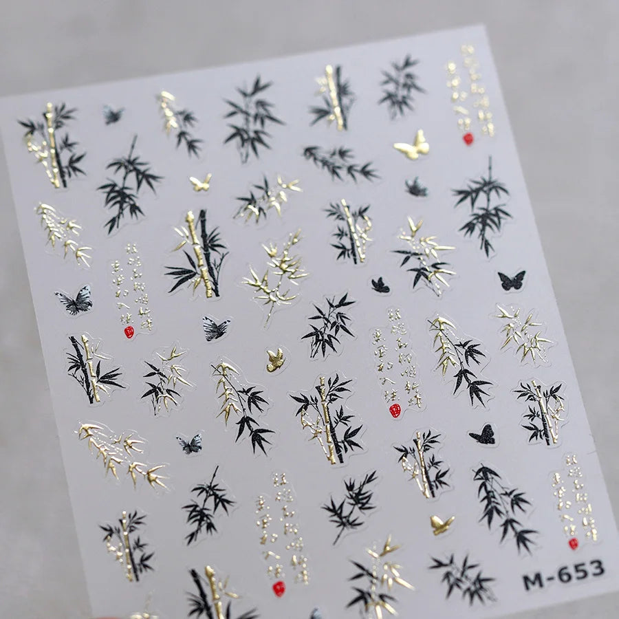 Antique Bamboo Leaf Hot Stamping Plant Botany Calligraphy Characters Self Adhesive Nail Art Stickers Rhinestone Manicure Decals (ONLINE ORDER ONLY)