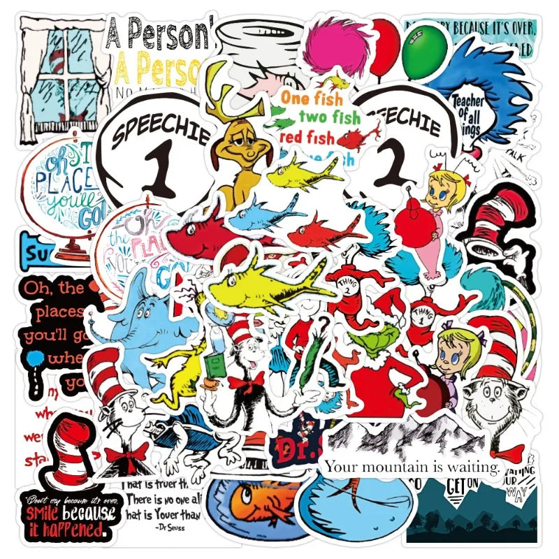 50pcs Dr. Seuss Cartoon Stickers for Laptop, Phone, Scooter, Suitcase, Water Bottle, Refrigerator (Online Order Only)