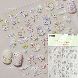 Chic Pink White Rose Flower Lace Bowknot Ribbon Jelly 5D Pearl Romantic Charming Self Adhesive Nail Art Sticker Manicure Decals (ONLINE ORDER ONLY)