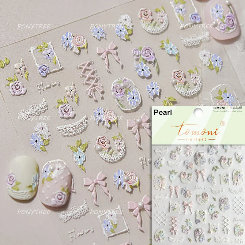 Romantic Flowers Bouquet Butterfly Rose Bowknot Candlestick Wreath Love Heart 5D Self Adhesive Nail Art Stickers Manicure Decals (Online Order Only)