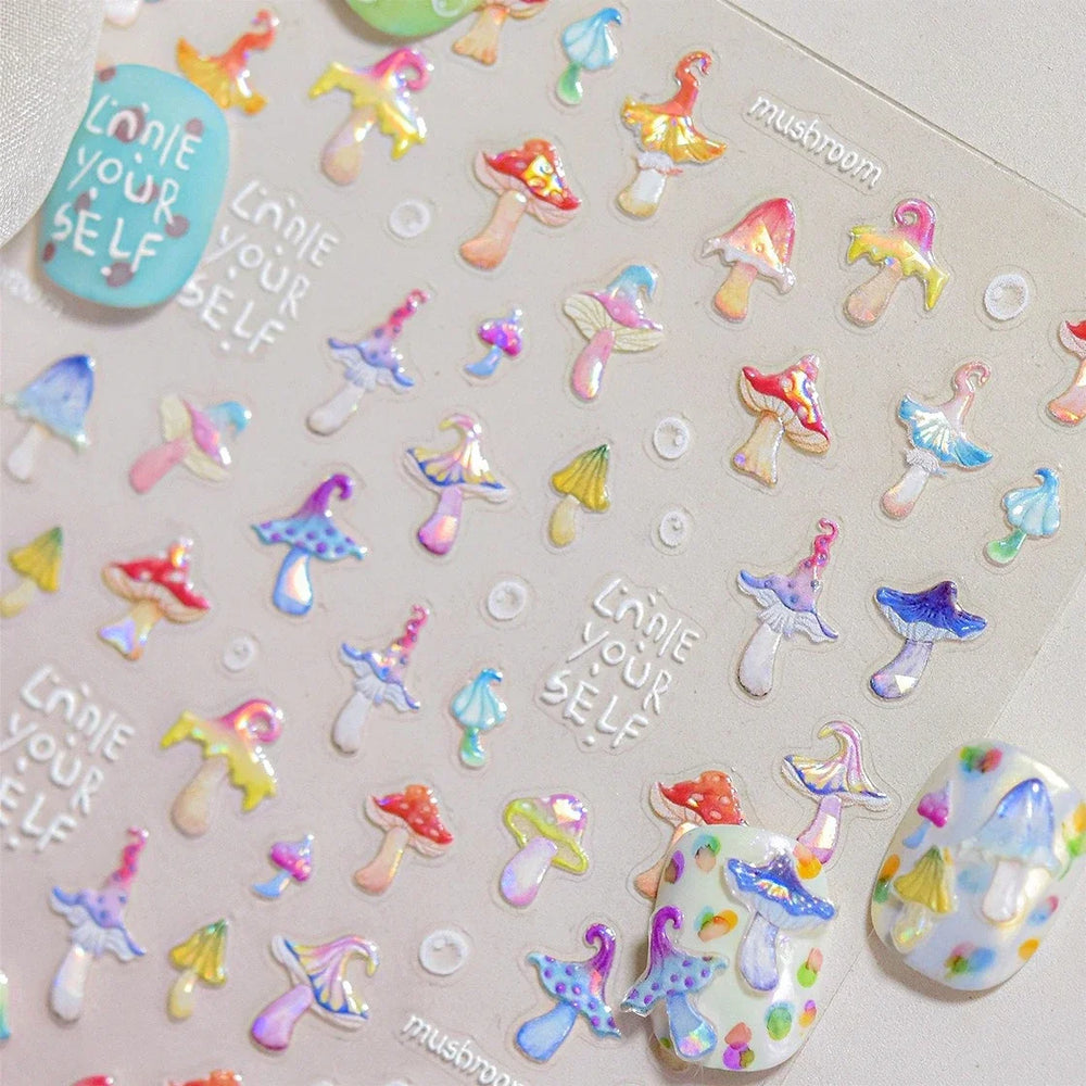 Cute Colored Mushrooms Water Bubbles Umbrella-shaped Plant Various Shapes Fungi Lovely Adhesive Nail Art Stickers Manicure Decal (ONLINE ORDER ONLY)