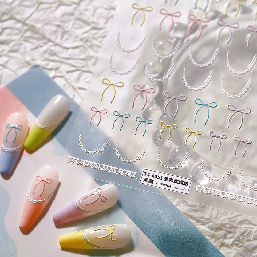 Pink Blue Purple Lovely Line Bowknot Lace Arc Curve Romantic Delicate Cording Embossed Adhesive Nail Art Sticker Manicure Decal (ONLINE ORDER ONLY)