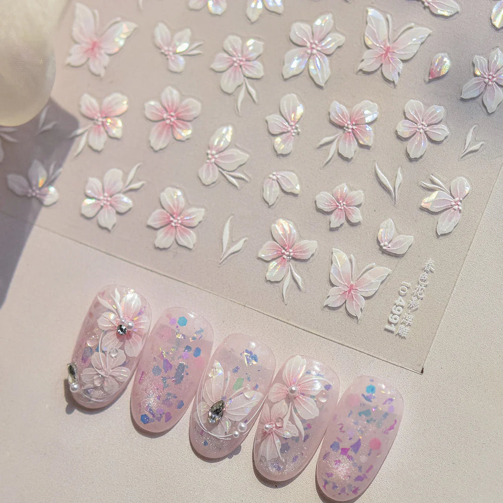 Embossed Flower Pink Butterfly Lucky Peach Blossom Chic Spring Petal 5D Soft Relief Adhesive Nail Art Stickers Manicure Decals (Online Order Only)