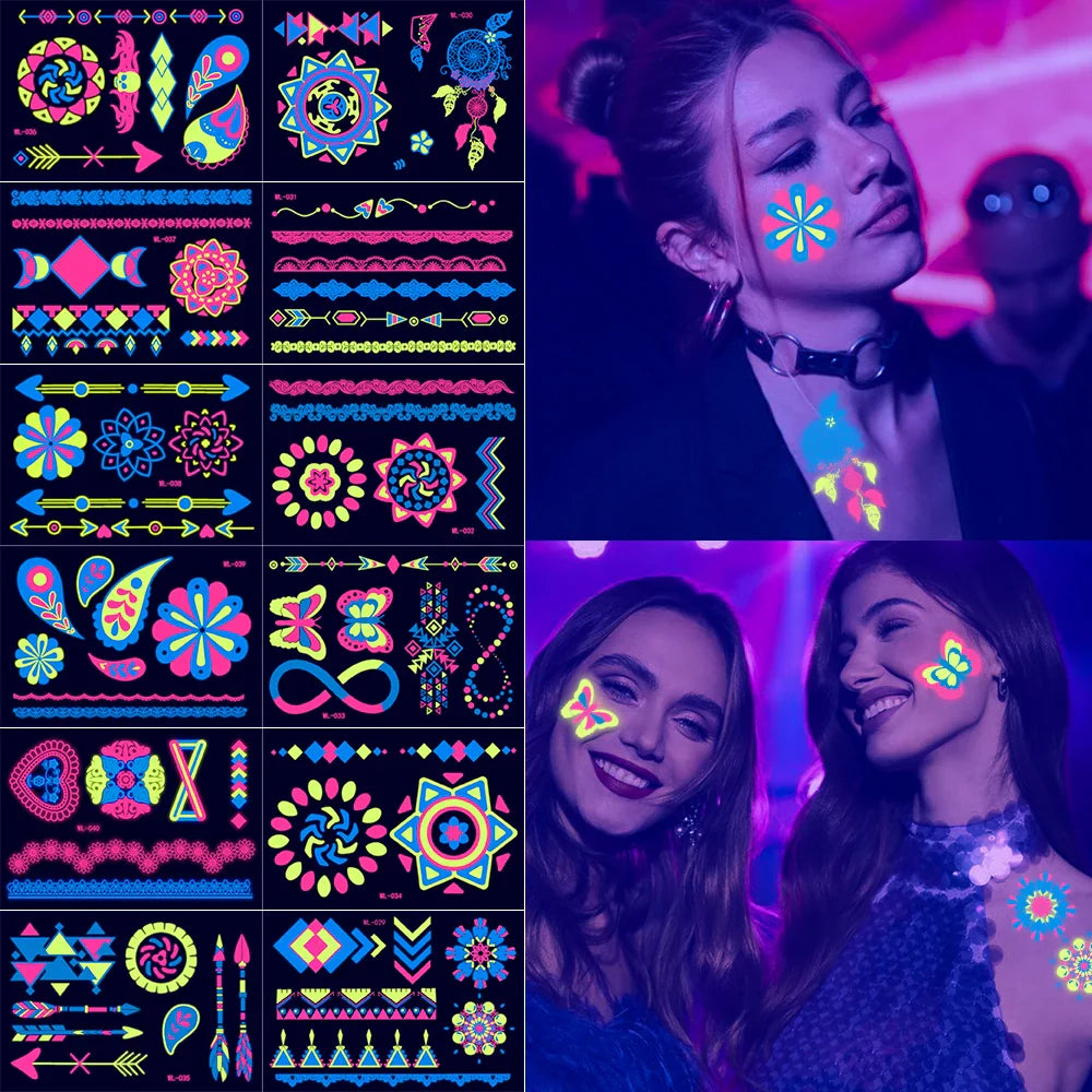 1pc Bohemia Fluorescent Sticker Luminous Temporary Tattoos Stickers UV Glow Fluorescent Tattoo Waterproof For Body Art Decals *& (Online Order Only)
