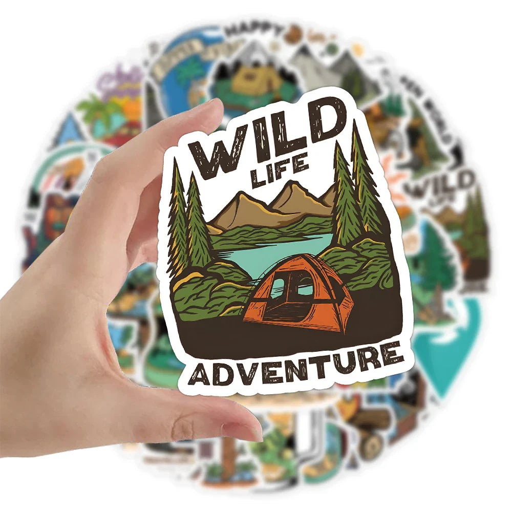 10/30/50pcs Camping Hiking Stickers Outdoor Travel Stickers Waterproof Cars Skateboard Motorcycle Bike Cartoon Sticker Kids Toy (ONLINE ORDER ONLY)