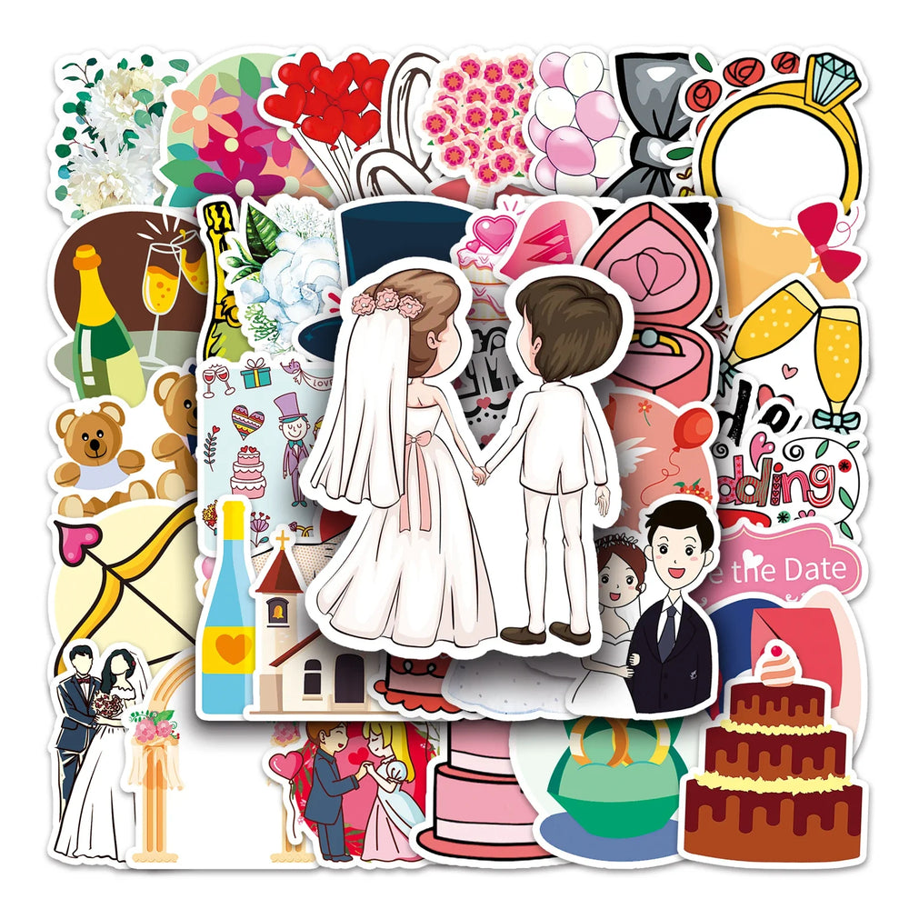 50Pcs Wedding Celebration Cartoon Waterproof Vinyl Stickers (Online Order Only)