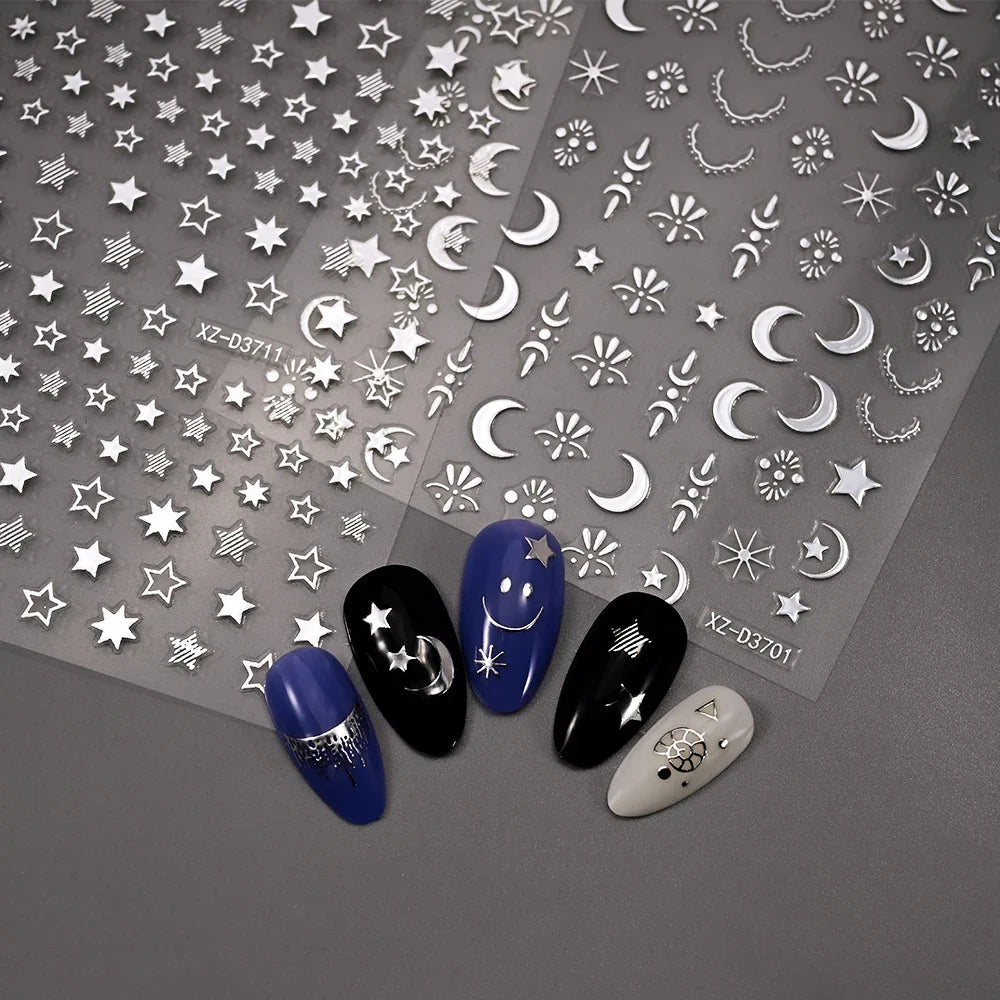 1pc 3D Gradient French Nail Stickers with Crown & Tassel Design Gold Silver Lines Self-Adhesive Nail Art Waterfall Manicure Foil (Online Order Only)