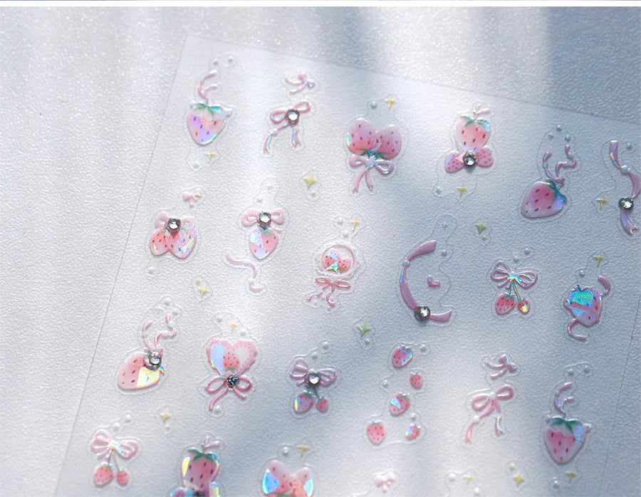 Cute Pink Strawberry Bowknot Star Lesbian Ribbon Fluttering Fruit Rhinestone Relief Adhesive Nail Art Stickers Manicure Decals (ONLINE ORDER ONLY)