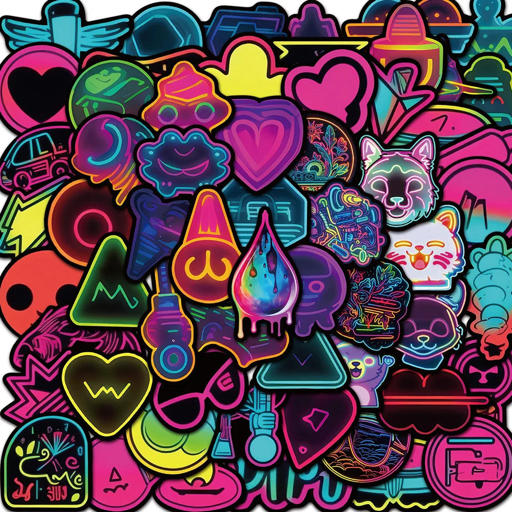 Cartoon Neon Light Stickers for Skateboard, Laptop, Motorcycle - 10/30/60pcs (Online Order Only)