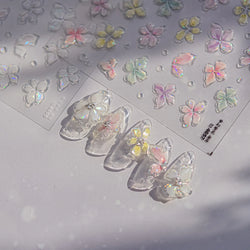 Gradient Coloredful Flower Petal Green Leaf Dreamy Shiny Chinese Rose Fantasy Relief Adhesive Nail Art Stickers Manicure Decals (Online Order Only)