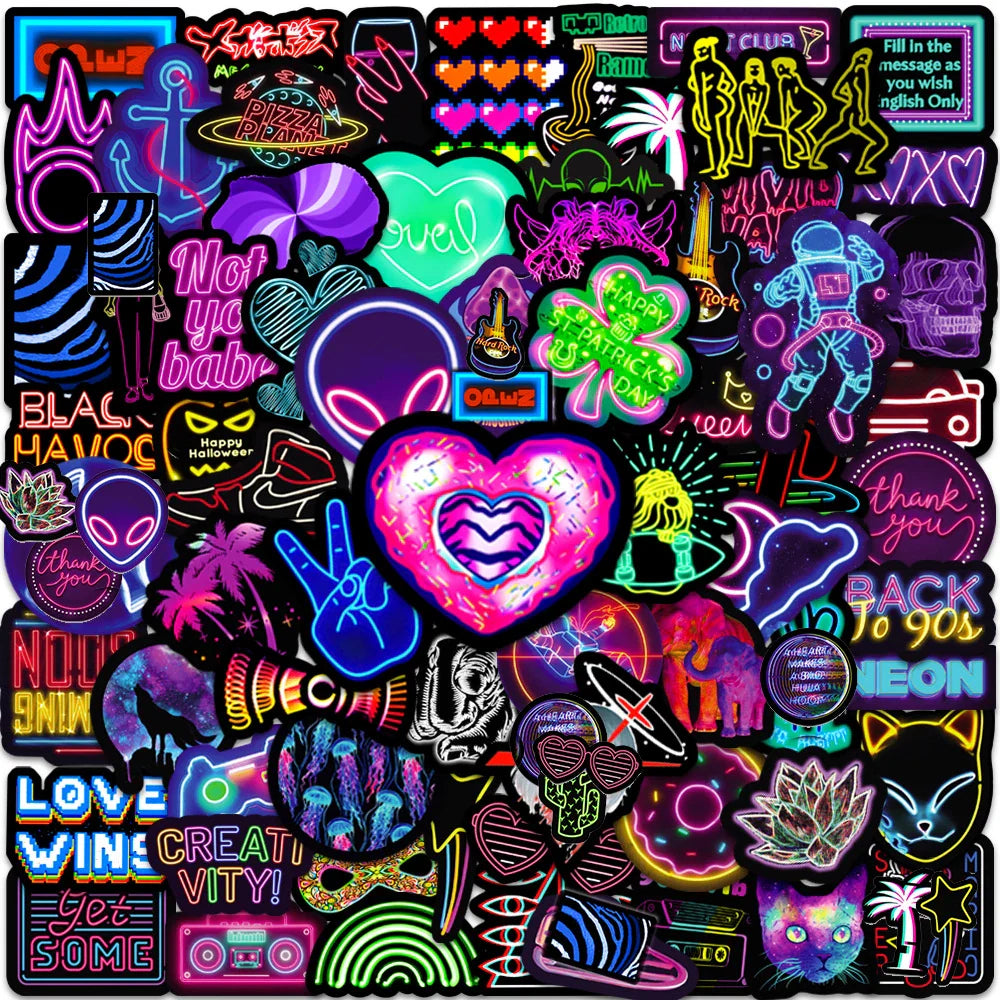 Cool Neon Light Cartoon Stickers - 10/30/50/100pcs Aesthetic Decals for Laptop, Motorcycle, Notebook, Car (Online Order Only)