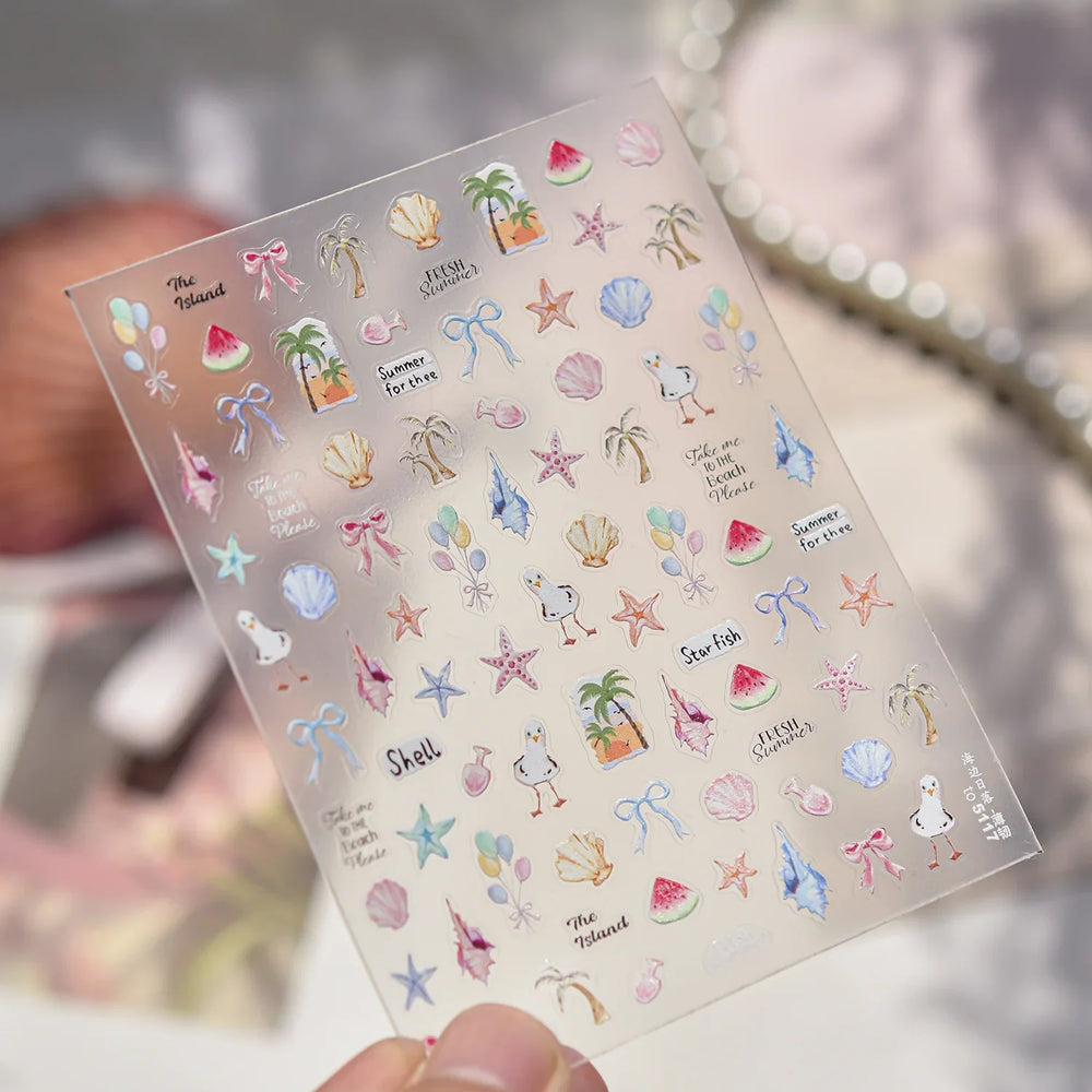 Summer Beach Bikini Watermelon Hat Sandals Ice Cream Shell Conch Starfish Cat Duck Nail Art Decoration Stickers Manicure Decals (ONLINE ORDER ONLY)