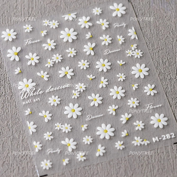 Mountain Daisy Wild Flower Mini Green Leaves White Petal Romantic Embossed Reliefs Adhesive Nail Art Stickers Manicure Decals (ONLINE ORDER ONLY)