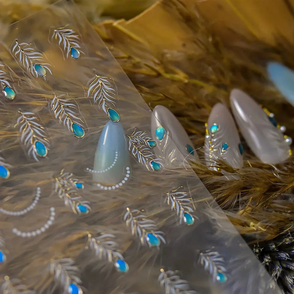 Charming Blue Sparrow Feather Rhinestone Wings Peacock Sparrow Dreamy Jelly Stars Self Adhesive Nail Art Stickers Manicure Decal (ONLINE ORDER ONLY)