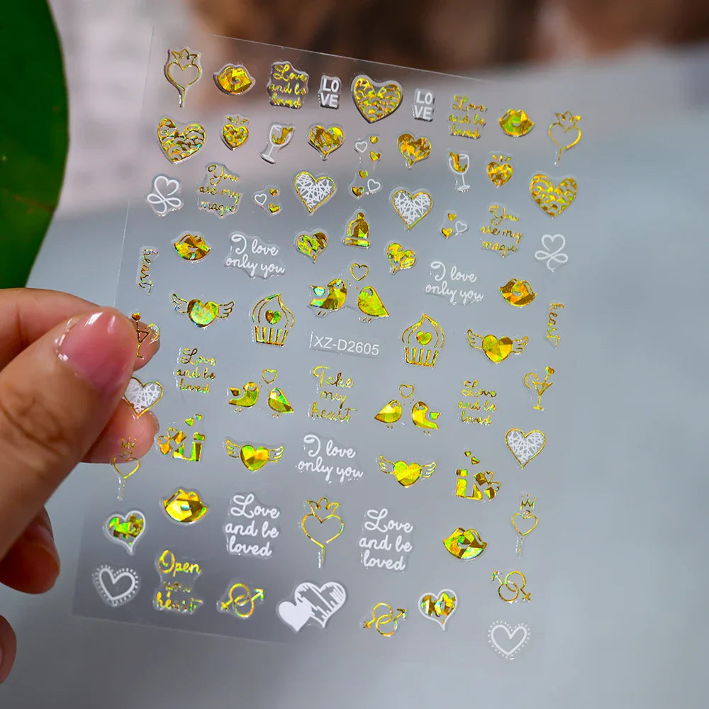 1PC Holographic Laser Heart Nail Stickers-3D Self-Adhesive Golden White Valentines Day Nail Decals For Women Nail Art Decoration (ONLINE ORDER ONLY)