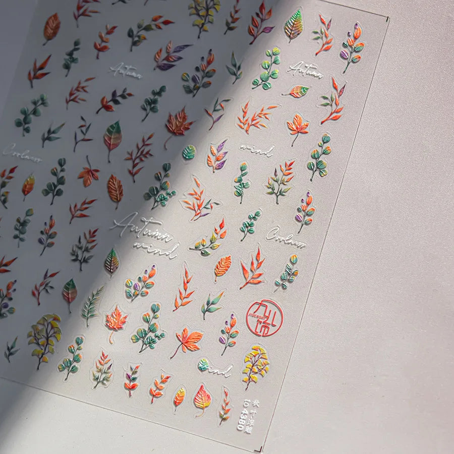 Autumn Fall Maple Leaves Ginkgo Leaf Osmanthus Chrysanthemums Rabbit Bunny Plant Flower Relief Nail Art Sticker Decoration Decal (ONLINE ORDER ONLY)