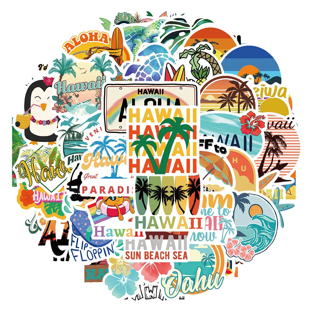 Hawaii Stickers 10/30/50Pcs Surfing Summer Decals for Suitcase Skateboard Laptop Luggage Phone (Online Order Only)