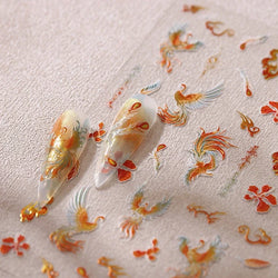 Charming Red Rose Phoenix Flower Wing Leaves Flower Feather Pearl Relief Embossed 5D Adhesive Nail Art Stickers Manicure Decals (ONLINE ORDER ONLY)