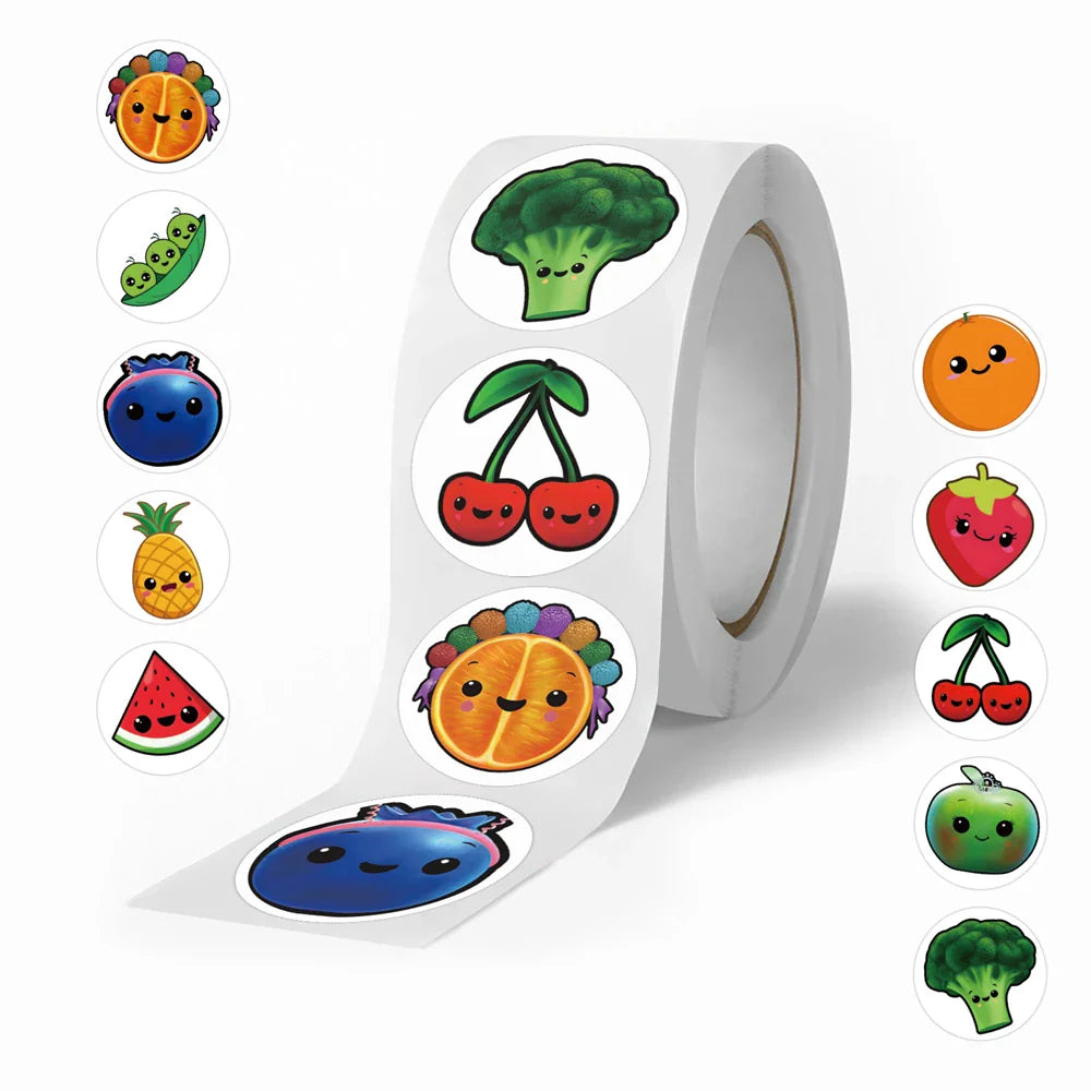 500pcs/roll Kids Stationery Stickers Birthday Party Back ground Fruits Balloon Happy Banner Refrigerator Vegetable Stickers Toys (ONLINE ORDER ONLY)