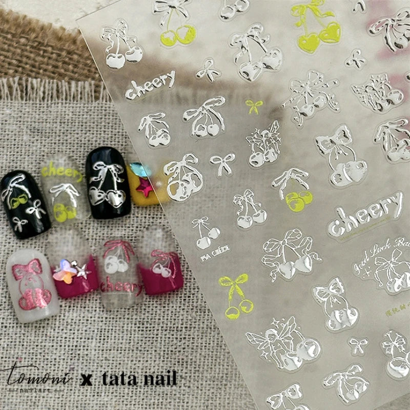 Colourful Cherry Abundant Fruits Bowknot Shiny White Line Outline Self Adhesive Nail Art Stickers Chic Rhinestone Manicure Decal (ONLINE ORDER ONLY)