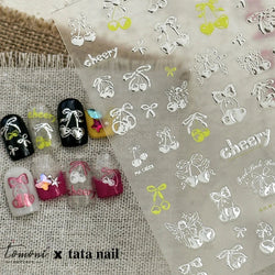 Colourful Cherry Abundant Fruits Bowknot Shiny White Line Outline Self Adhesive Nail Art Stickers Chic Rhinestone Manicure Decal (ONLINE ORDER ONLY)