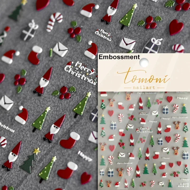 Dressy Embossment Colorful Gradient Snowflakes Laser Silver Christmas Tree Winter Bowknot Santa Nail Art Stickers Manicure Decal (Online Order Only)