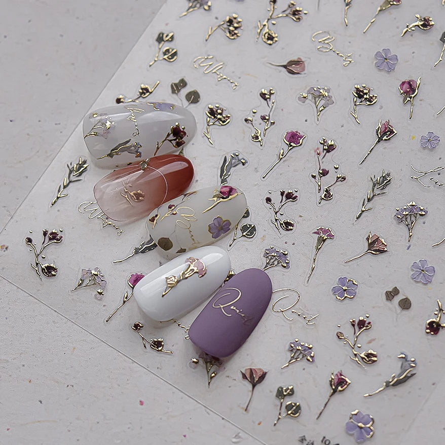 Dried Flowers Rose Butterfly Love Heart Golden Stroke Flying Crane Silver Adhesive Nail Art Stickers Rhinestone Manicure Decals (ONLINE ORDER ONLY)