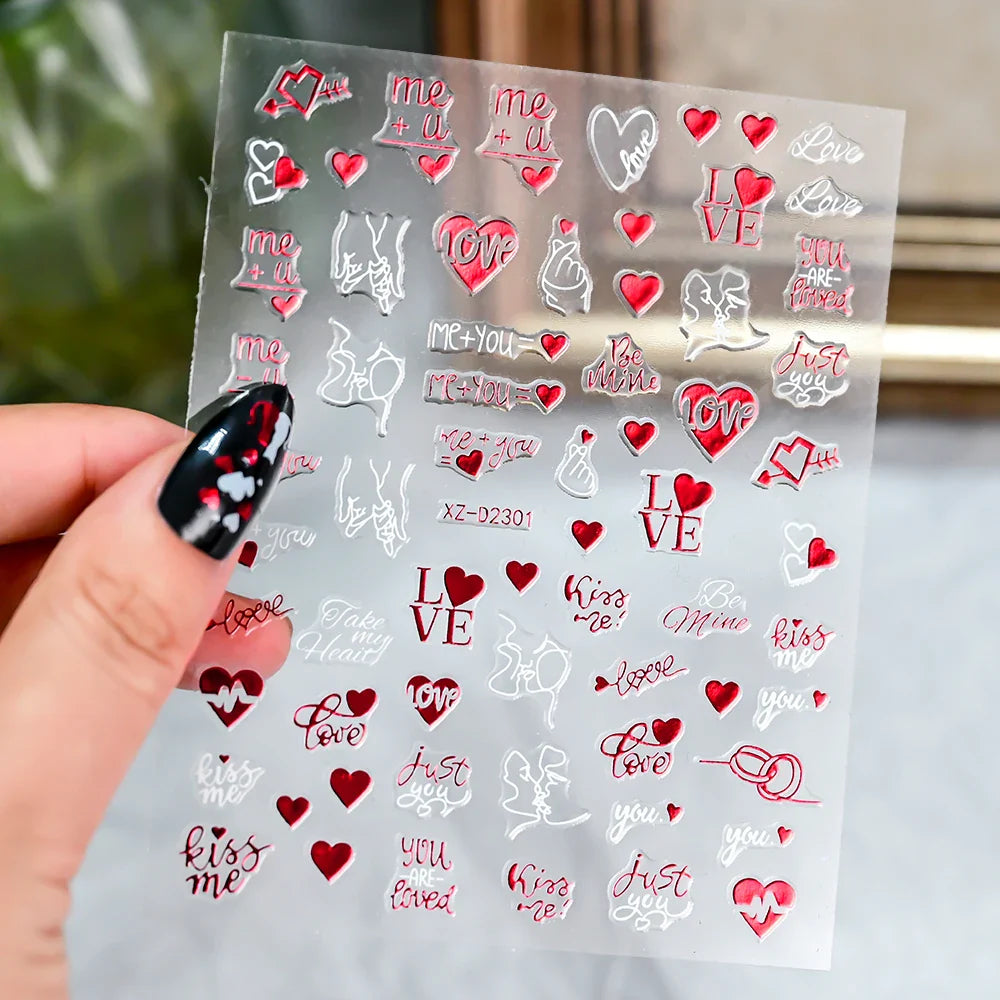 12 Sheets Valentines Nail Stickers Red Heart Nail Art Sticker Decal Solid Hollow Heart 3D Self-Adhesive Design Nail Art Supplies (ONLINE ORDER ONLY)
