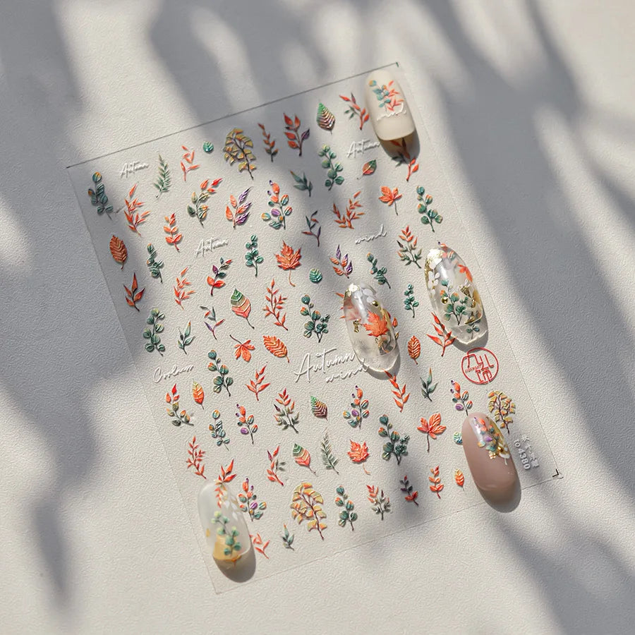 Autumn Fall Maple Leaves Ginkgo Leaf Osmanthus Chrysanthemums Rabbit Bunny Plant Flower Relief Nail Art Sticker Decoration Decal (ONLINE ORDER ONLY)