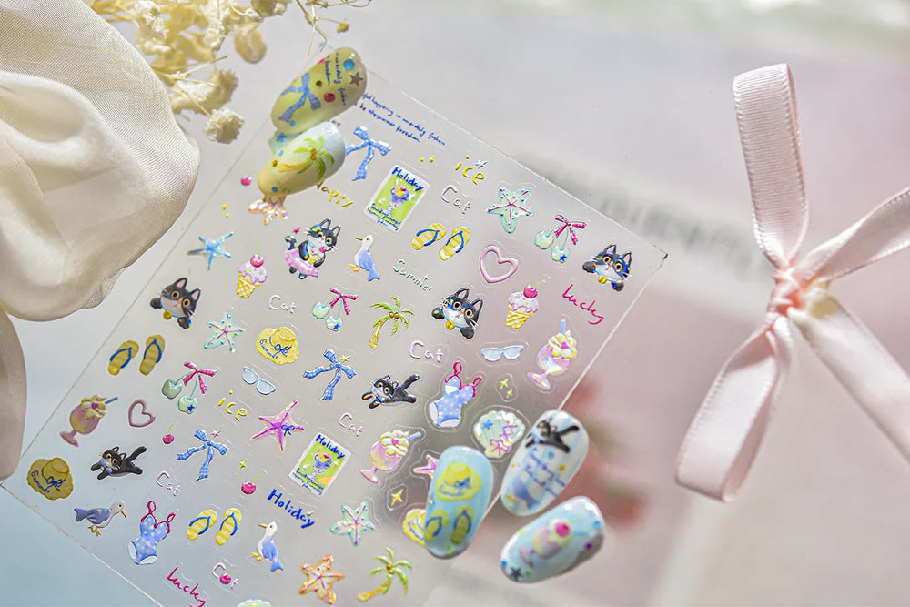Summer Beach Bikini Watermelon Duck Cat Ice Cream Shell Coconut Tree Cherry Starfish Sunglasses Nail Art Sticker Manicure Decals (ONLINE ORDER ONLY)