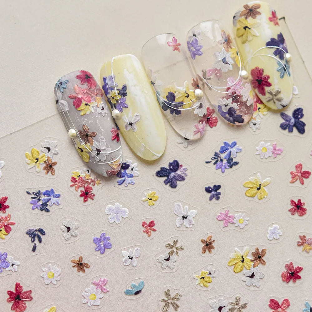 Wild Flower Oil Painting Small Variegated Daisy Peach Blossom Lavender Spring Petal Adhesive Nail Art Stickers Manicure Decals (Online Order Only)
