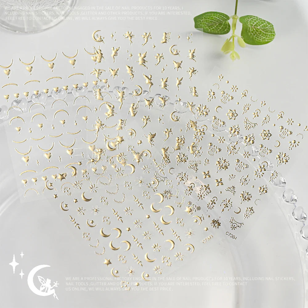 4pcs/Set Elf/Fairy Jelly Gold Nail Art Sticker Sun/Moon/Star Geometric Embossed Reliefs Self Adhesive Nail Decal Manicure Design (Online Order Only)