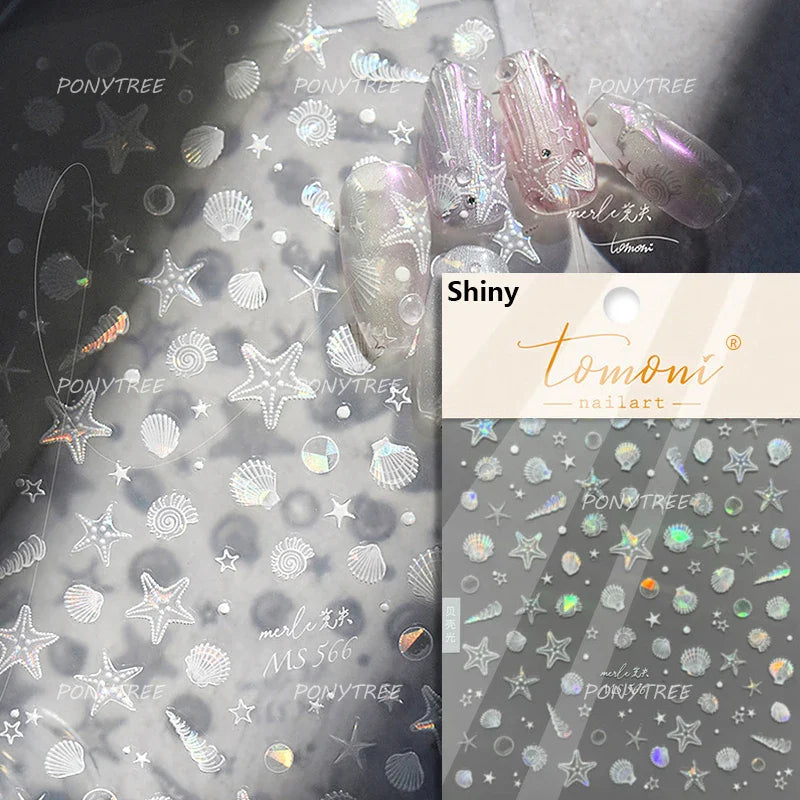 Mermaid Girl Conch Starfish Shell Bowknot Fish Scale Purple Ribbon Water Bubbles Chic Adhesive Nail Art Sticker Manicure Decals (ONLINE ORDER ONLY)