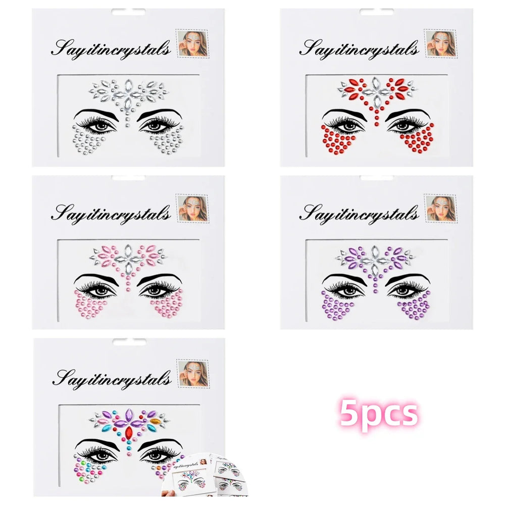 5Pcs Coloful Glitter Face Jewelry Sticker Crystal Eye Body Face Jewels Bady Makeup Tools Temporary Self-Adhesive Nail Rhinestone (ONLINE ORDER ONLY)