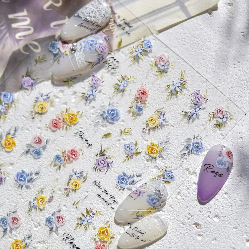 Watercolor Style Rose Flower Colored Rosa Chinensis 3D 5D Flat Reliefs Charming Self Adhesive Nail Art Stickers Manicure Decals (ONLINE ORDER ONLY)