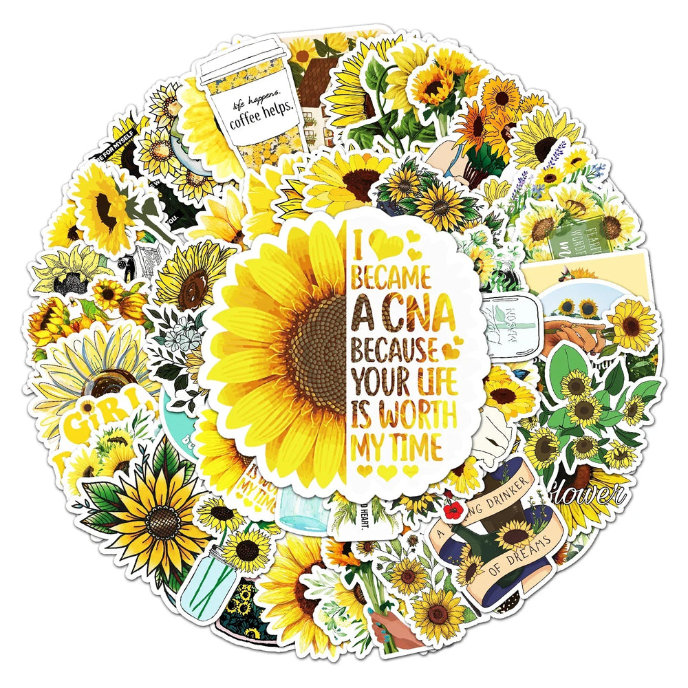 50Pcs Sunflower Cartoon Waterproof Vinyl Stickers for Skateboard Snowboard Decals (Online Order Only)