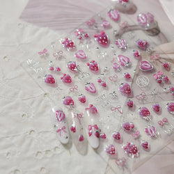 Pink Juicy Strawberry Fruit Cutting Line Ribbon Bowknot Star Happy Sweet Lovely Fruits Delicate Nail Art Stickers Manicure Decal (ONLINE ORDER ONLY)